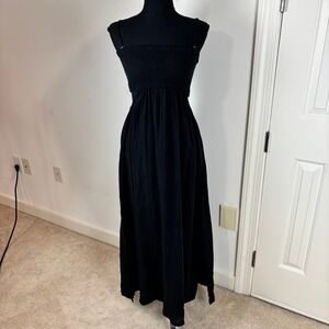Sea Level Australia Sunset Bandeau Dress Black Cotton Smocked Cutout Maxi M NEW